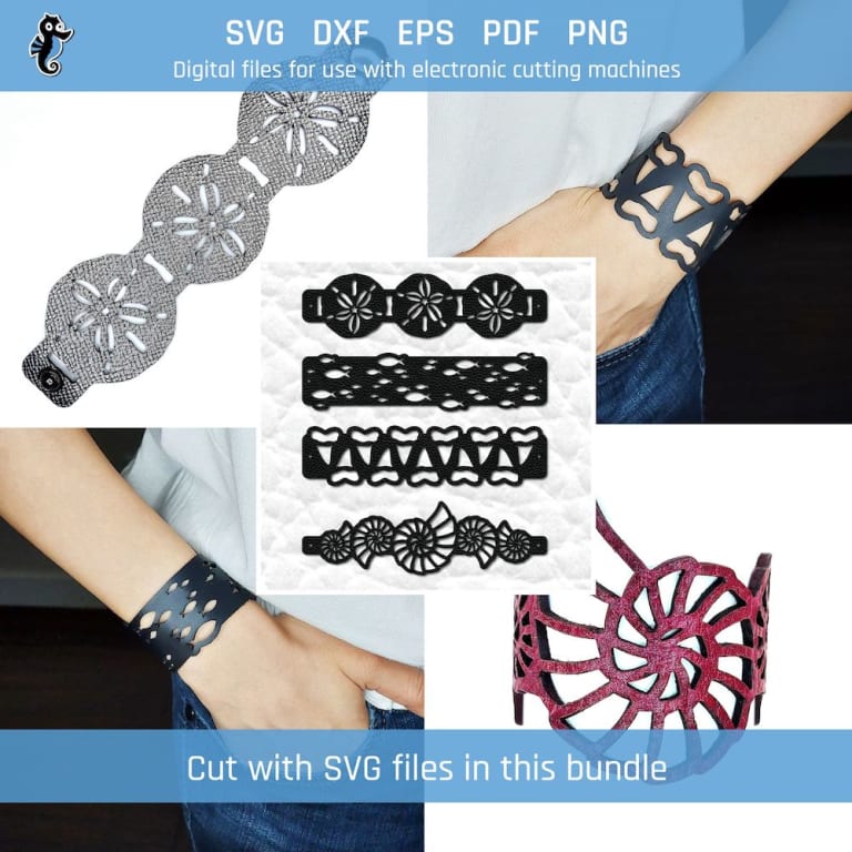 4 sea creature bracelet SVG cut files with fish, sea shell, sand dollar, and shark teeth designs.